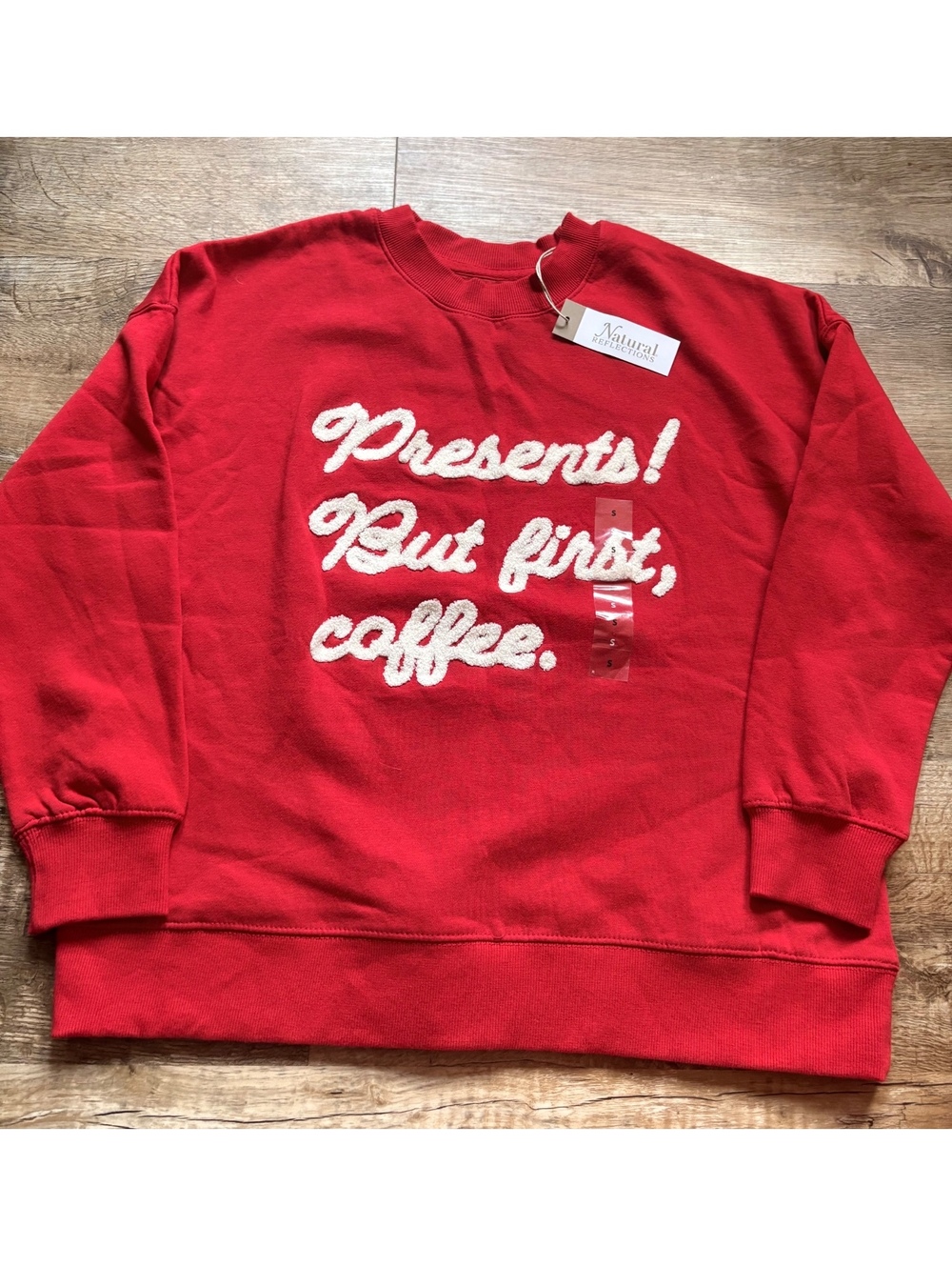 Holidays Small Red Sweatshirt with 'Presents! But first, coffee.'